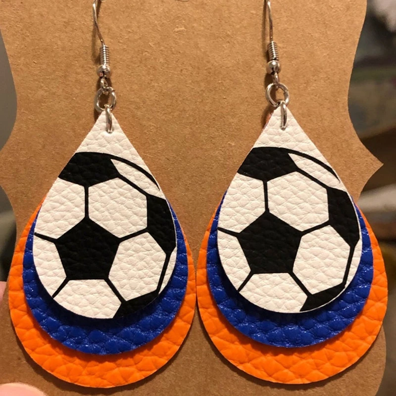 

3D Soccer Ball Earrings Faux Leather Personalized Sports Fan Team Mom Teardrop Light Weight Three Layers Faux Leather Earrings
