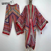winyi two piece suit kimono new straight leg pants bohemian printed over size star dress women elastic floor length new kaftan