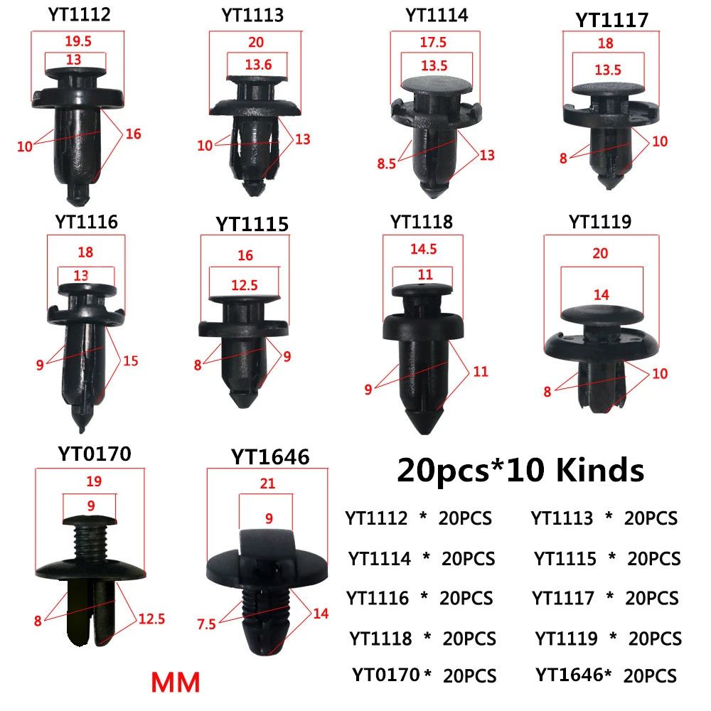 

200pcs Black Plastic Mixed Auto Fastener Vehicle Car Bumper Clips Retainer Rivet Door Panel Fender Liner For Honda Acura AUDI