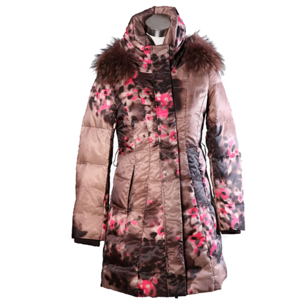 

Gowani Down Jacket Women Real Fur Collar Belted Waist Floral Print Elegant Duck Down Winter Coats