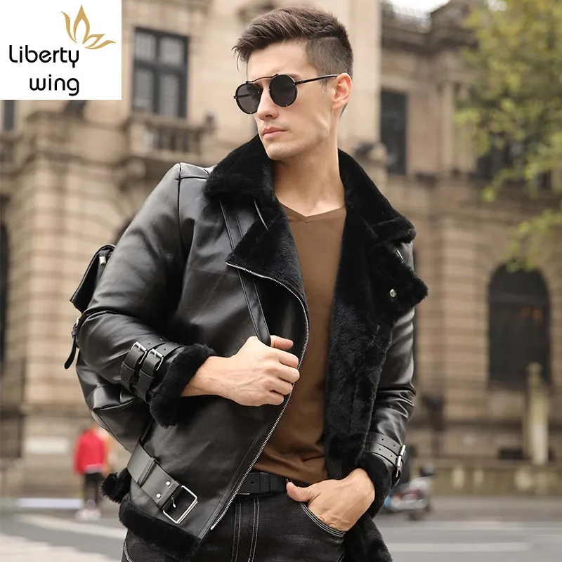 

Winter Mens Wool Lining Warm Pu Fashion Flying Jacket Buckle Slim Fit Man Motorcycle Faux Leather Shearling Coats