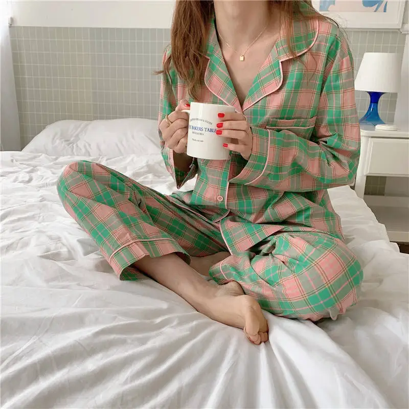 

Alien Kitty Autumn New Style Pajamas Casual Loose Long Sleeve Plaid Cotton 2021 Fashion Plaid Home Clothes Ladies Two Piece Suit