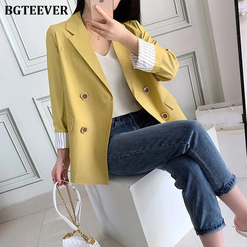 Блейзер Женский двубортный с карманами Желтый Повседневный свободный пиджак