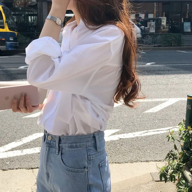 Женская Однотонная рубашка с отложным воротником белая блузка в Корейском стиле