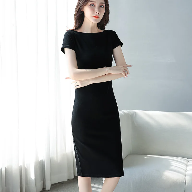 

Spring summer Woman Soft Cotton Slash Collar Short Sleeve Mid-Calf Dress Lady Elastic Solid color All match Dress