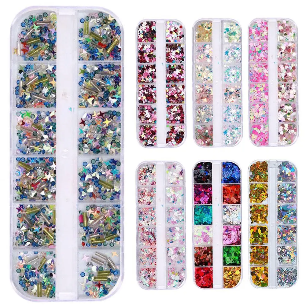 

12 Grid Long Box Mix Styles Love Stars Design Nail Flakes Colorful Sequins Decoration Tips Nail Stunning Mermaid Nail Q0W3