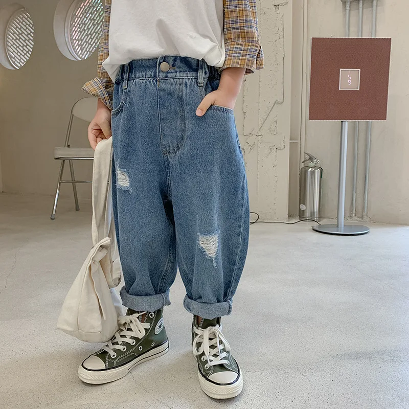 

Toddler Boys Jeans Pants 2021 Spring Kids Korean Casual Loose Hole Denim Pants Baby Trousers Boys Fashion Jeans Trousers 2-7 Y