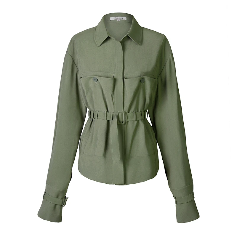 

AEL Office Lady Long Sleeve Turn-down Collar Blouse Pocket Design With Belt Slim Female Tops Casual Short Coat Autumn 2019