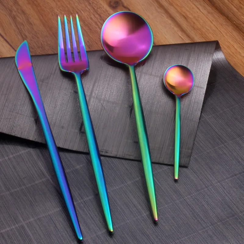

Portugal 304 Stainless Steel Color Knife and Fork 24-Piece Set Spoon Rainbow-Colored Long Thickened Western-Style round Spoon