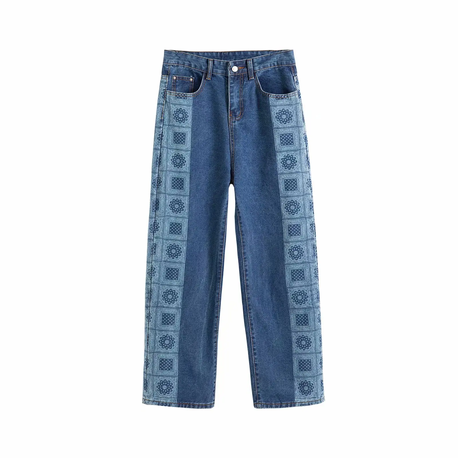 

High Street Style Black Straight Washed Jeans Men's Tide Brand 2021 Spring Loose Stitching Cashew Flower Pants