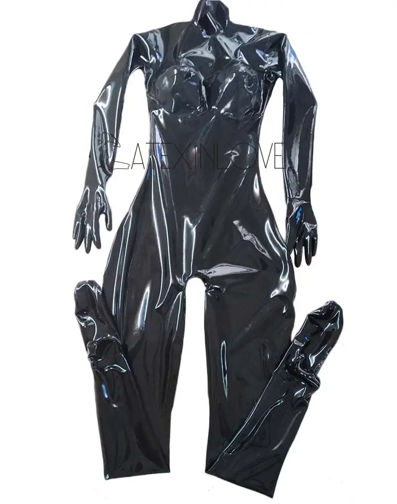 Черный латексный костюм кошки с вырезом большой 3D грудь Zentai боди Gummi 0 4 мм под