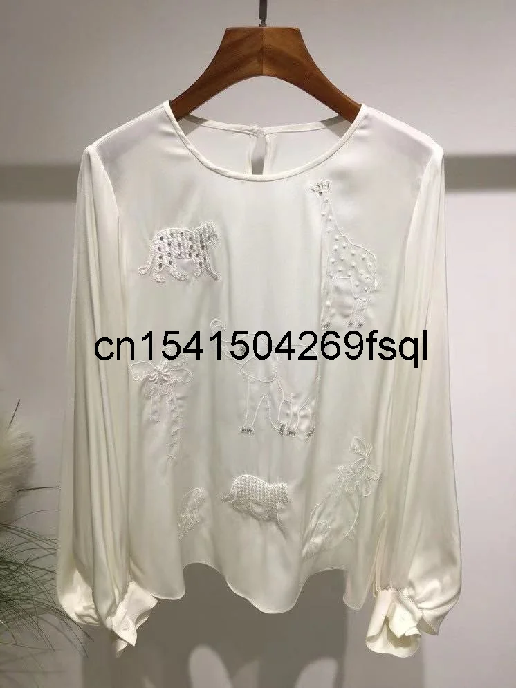 

New Tops Fashion Designer Blouse 2021 Summer Korean Tops Women Vintage Runway Beading Long Sleeve Casual Pure Silk White Blouses
