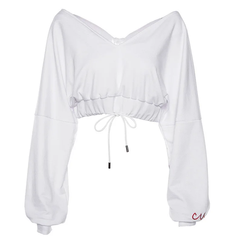 2019 осень с буквенным принтом Модная одежда открытыми плечами ворот большим v