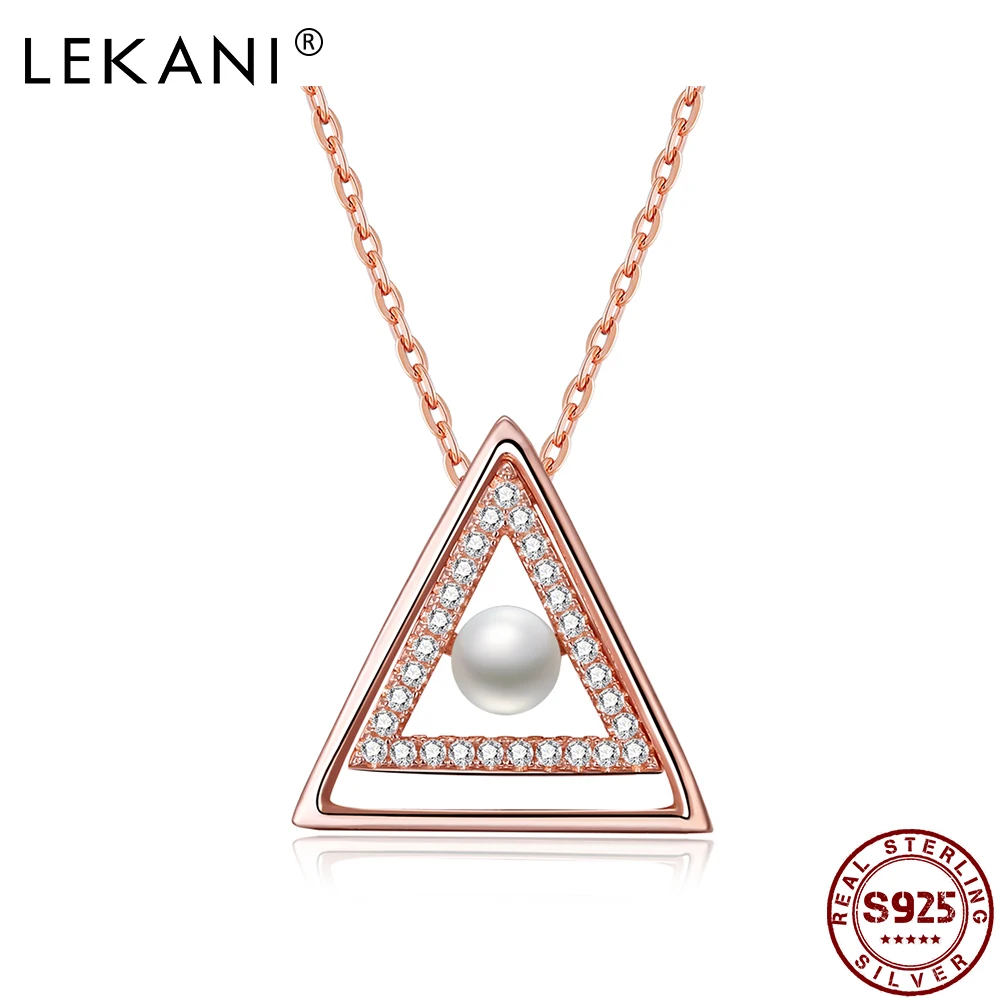 

LEKANI Necklaces For Women 925 Sterling Silver Geometry Triangle Full Cubic Zirconia Pendant Luxury Shell Pearl Necklace Jewelry