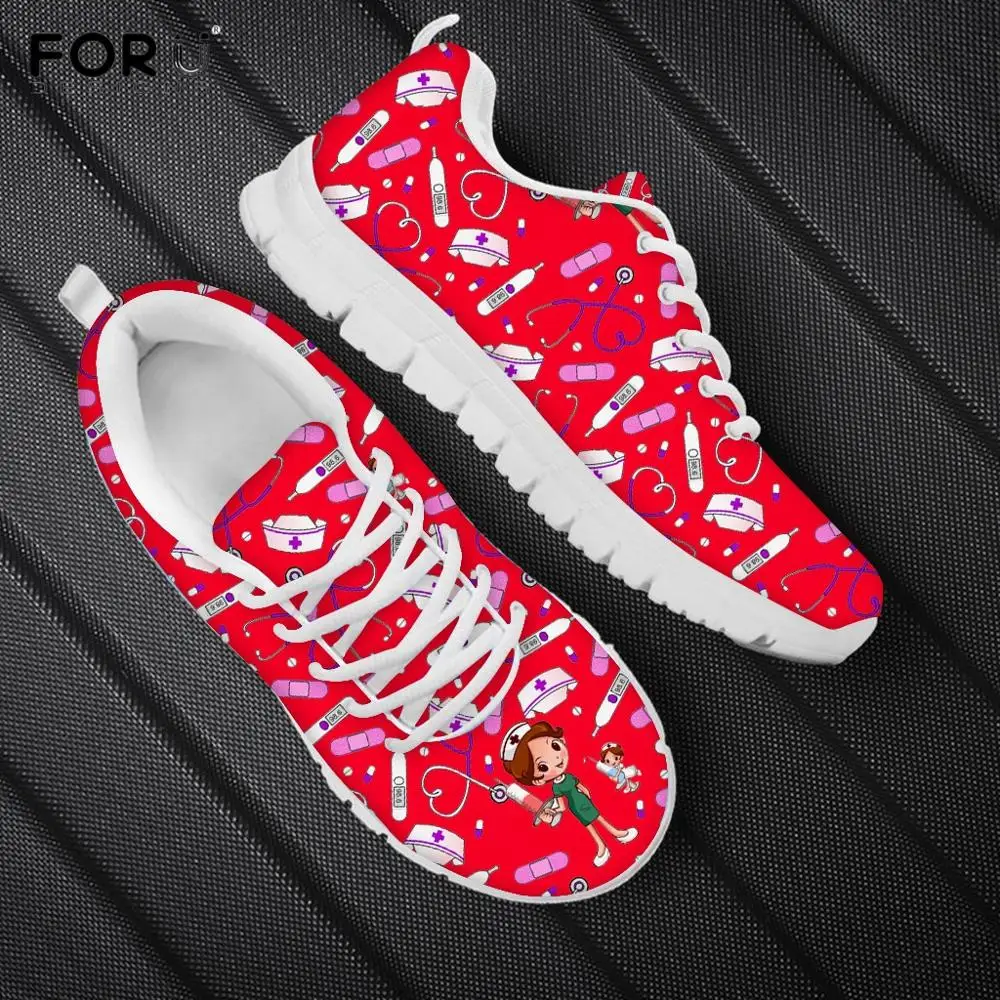 

FORUDESIGNS Red/Orange Cartoon Nurse Pattern Wom Flats Sneakers Brand Design Spring/Autumn Lace Up Ladies Shoes Casual Footwear