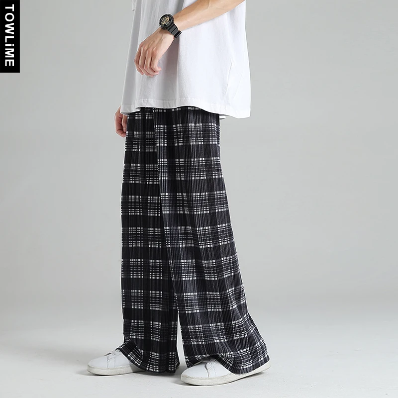 

Summer New Men Fashion Plaided Printed Ice Silk Breezy Pants Korean Streetwear Wide Leg Loose Longs Women High Waist Trousers