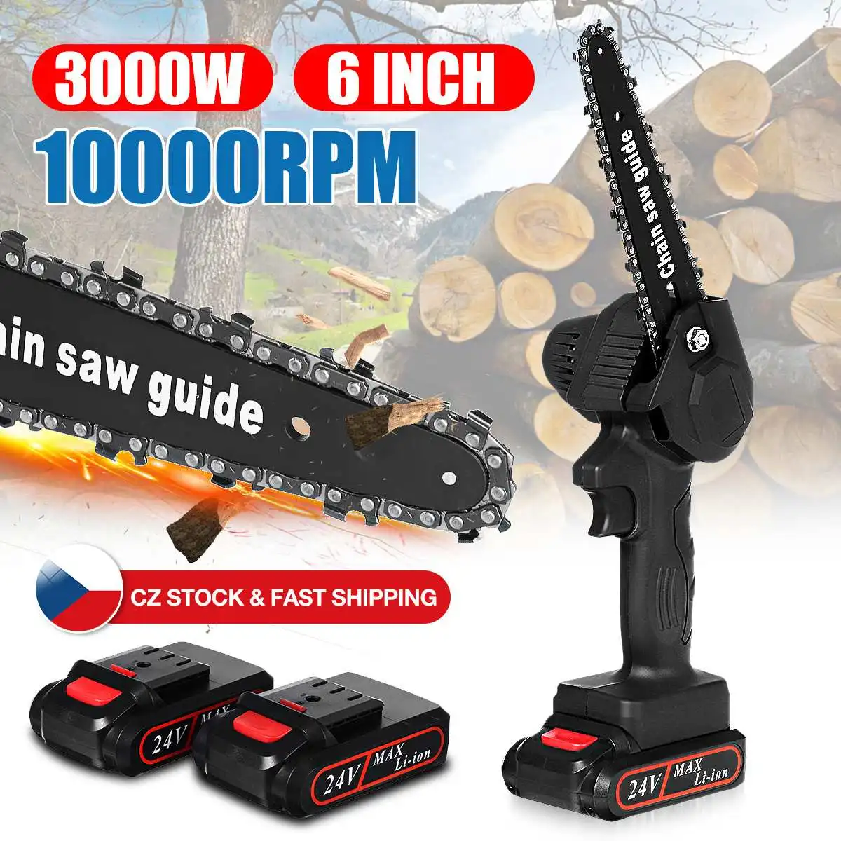 

3000W 6 Inch Electric Chain Saw Mini Pruning ChainSaw Rechargeable Cordless Garden Tree Logging Woodworking Cutter Power Tools
