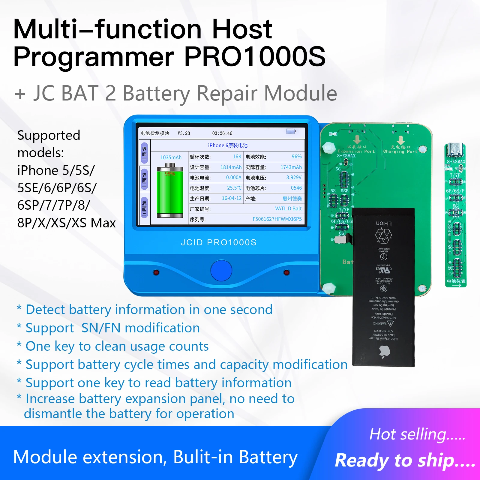 Newest Hot Selling JC BAT2 PRO1000S Battery True Tone Module iPhone Riginal/Non-original Color Recovery Screen Data Read Write