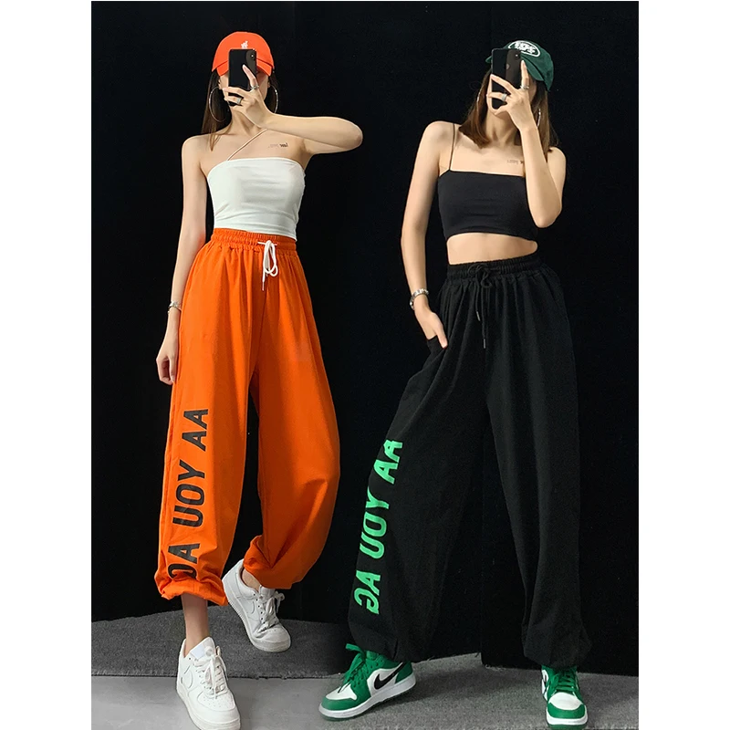 

Letter Print Sweatpants Casual Streetwear Women Orange Black White High Waist Pants Lace Dance Front Hip Hop Loose Trousers