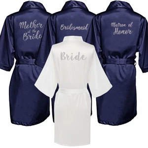 navy blue robe silver letter kimono satin pajamas wedding robe bridesmaid sister mother of the bride in USA (United States)