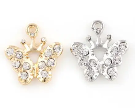 Подвеска-бабочка со стразами 20 шт./лот, 22x24 мм (золотой, серебряный)