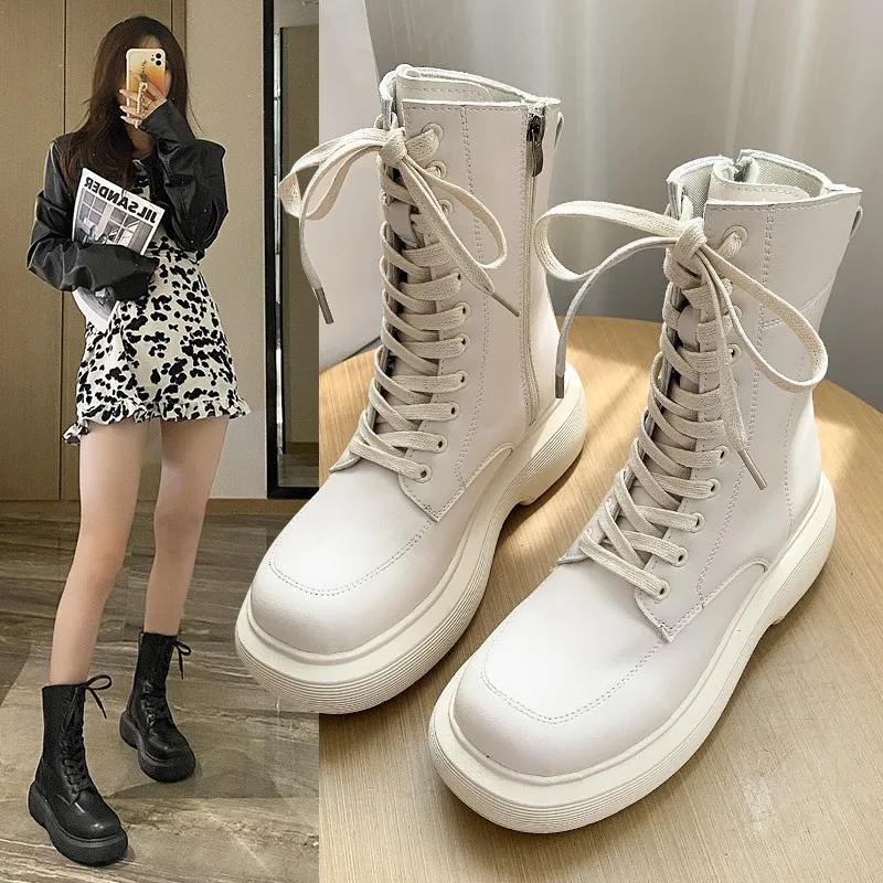 2021 New Winter Leather Women's Boots Fur Warm Boots Snow Boots Lace-up Platform Boots Black Motorcycle Boots Shoes
