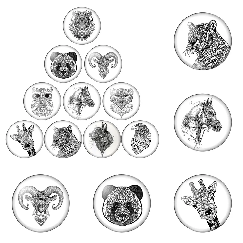 

12pcs/lot Cabochon New Animals Head Horse Lion Cat Deer Tiger8mm-30mm Round Photo Glass Cabochon Demo Flat Back Making Findings