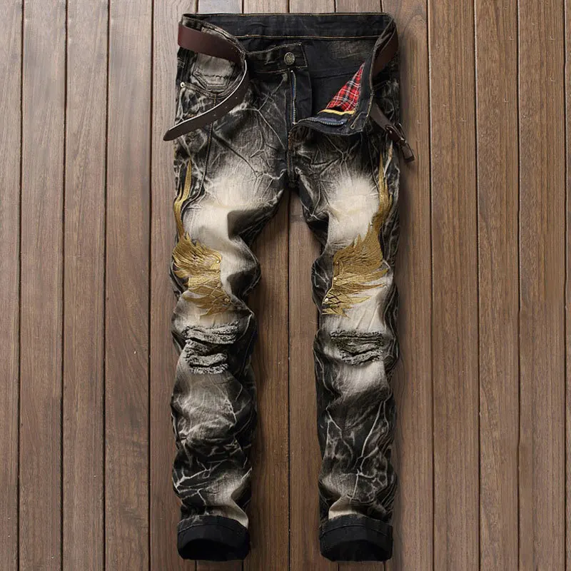 2021 Горячая Распродажа теплые джинсы мужские с вышитыми крыльями на молнии