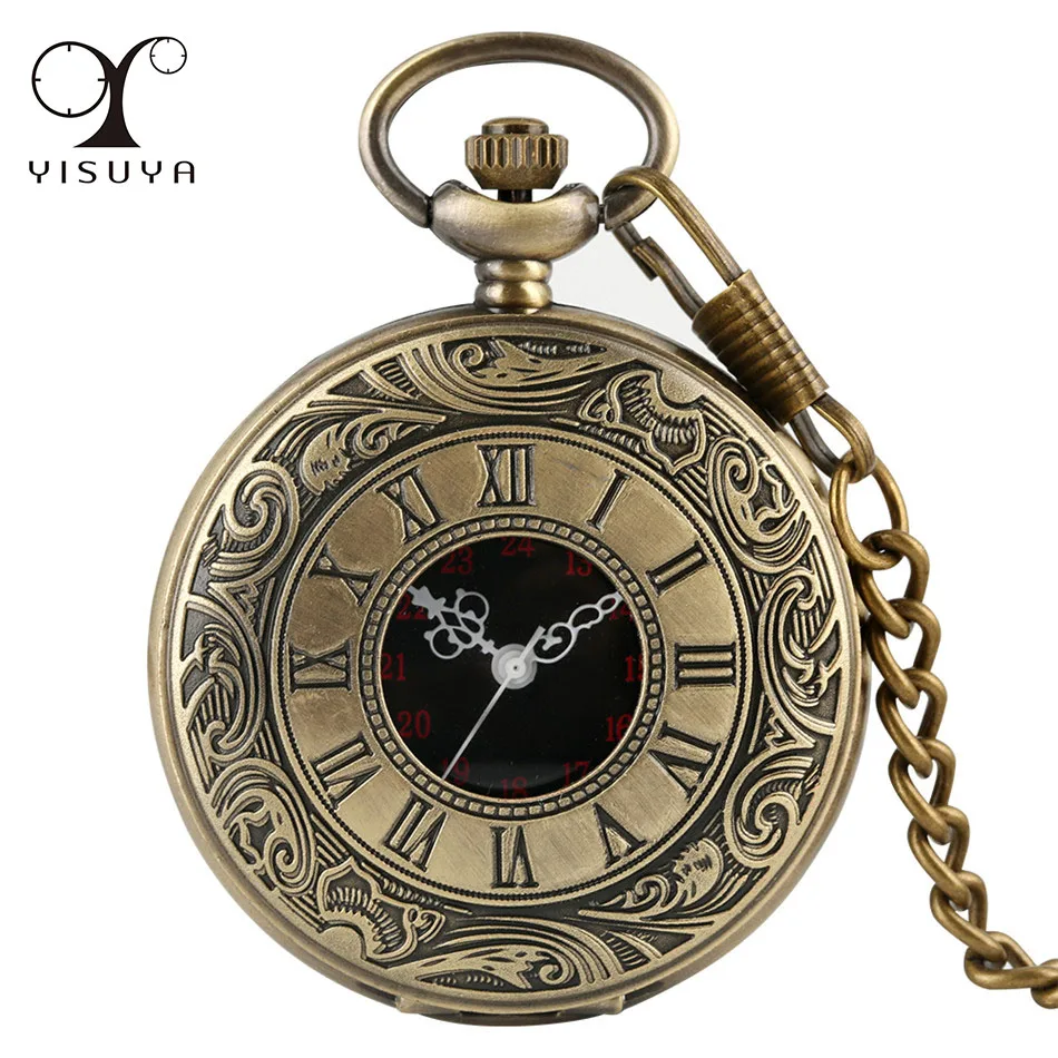 

Exquisite Bronze Roman Numerals Necklace Pendant Pocket Watch Hollow Circle Cover Black Dial Antique Cool Men Women Pocket Clock