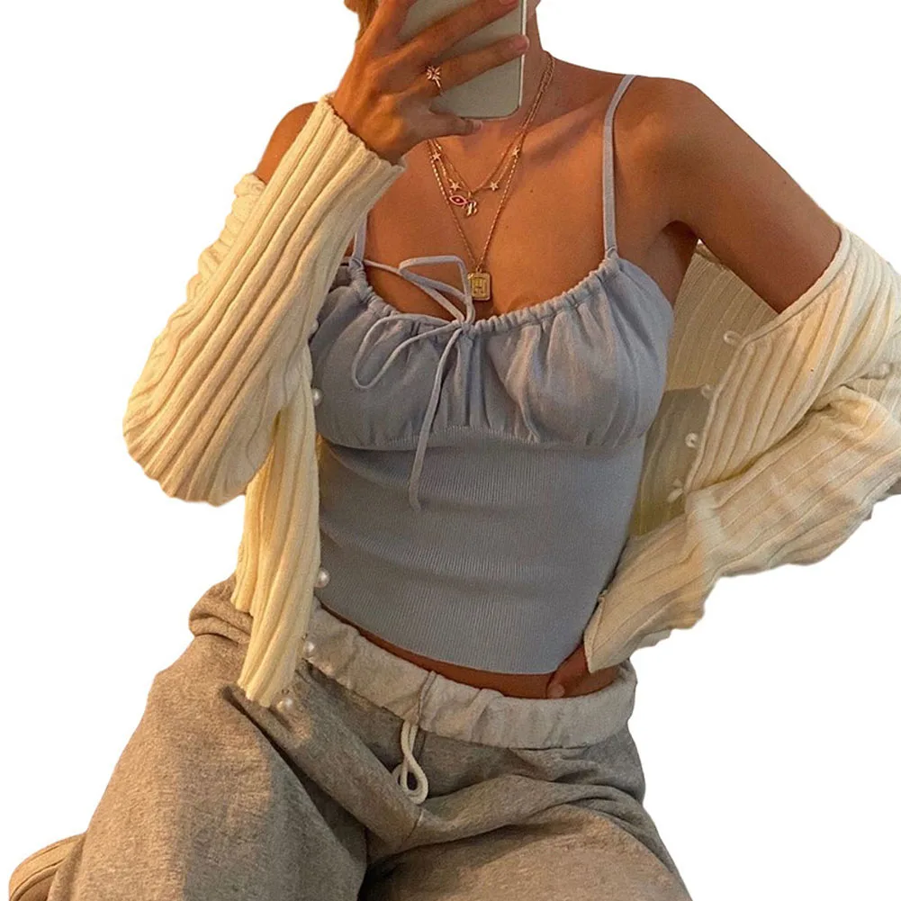 

Women's Solid Color Camisole Chest Lace Up Design Exposed Umbilical Slim Sexy Fashion Vest (S/M/L)