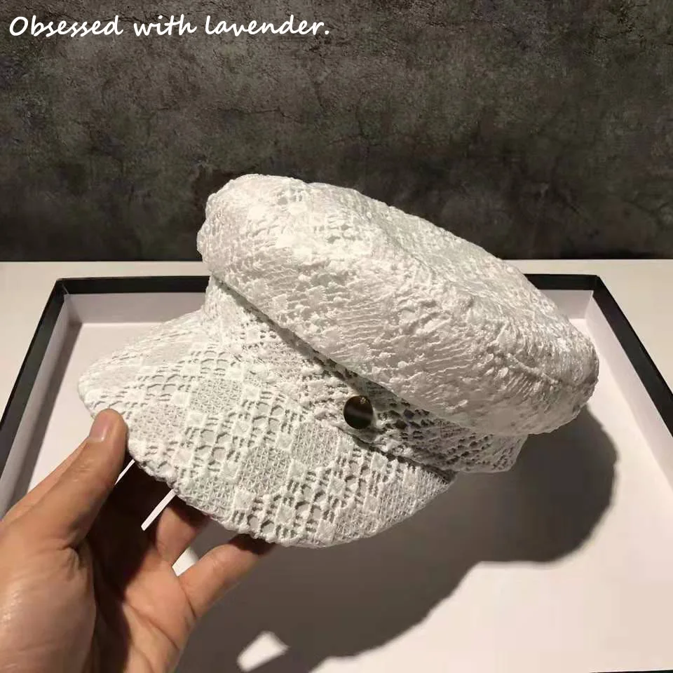 Шляпа с лавандовым узором Женская весенне-осенняя шляпа кружевная темно-синяя