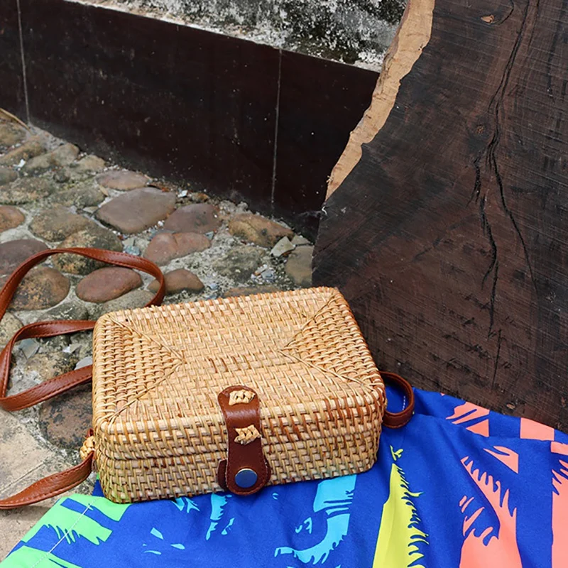 Boho круглый ротанговый сумка через плечо с регулируемым кожаный ремень женские сумки для хранения многофункциональный органайзер для макияжа