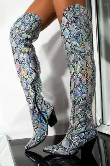 

Sexy Snakeskin Women Black White Python Over the Knee Boots Fashion Chunky Heel Pointed Toe Leather Long Boots New Design Winter