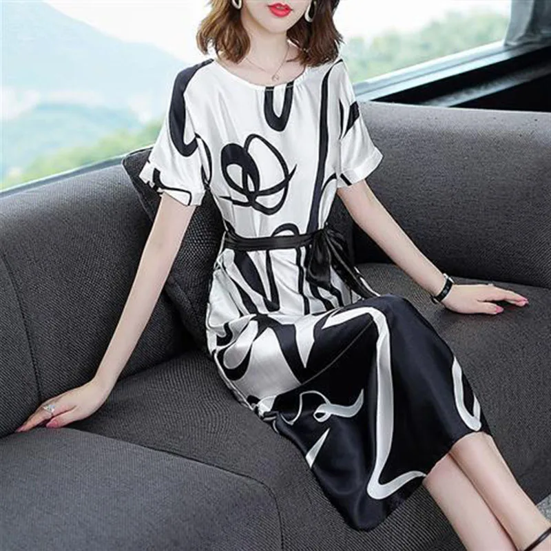 

Summer Women Printed Sashes Dresses Female Short Sleeve Bow Thin Waist Slim Causeal Mid-Calf Dresses AA331