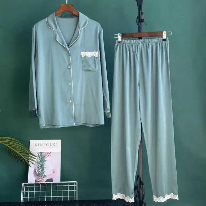 

Pajamas Lace Trim Sleepwear Lapel Satin Pyjamas Pour Femme PJS Nightwear Thin Rayon 2PCS Top&Pants Sets Suitable For All Seasons