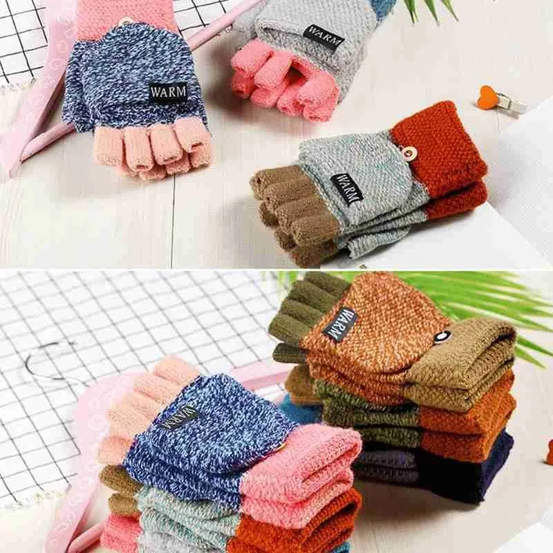 

New Winter Warm Thickening Wool Gloves Knitted Flip Fingers Glove Without Finger Thick Fingerless Mittens Women Gloves Expo Q2M1