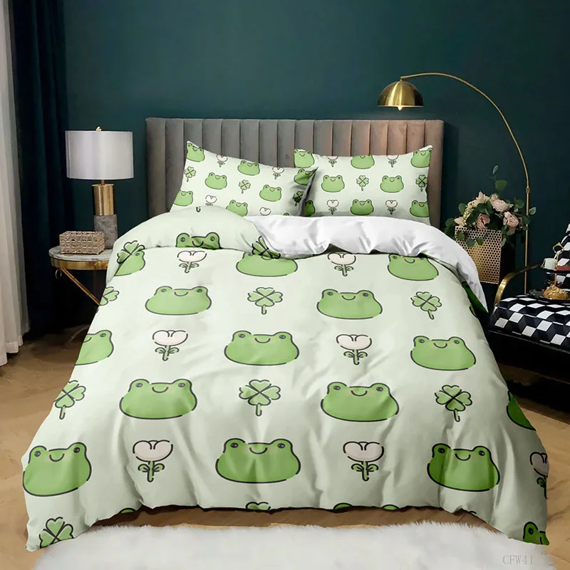 Animal Frogs Duvet Cover Set Queen Soft Lightweight Polyester Microfiber Cartoon Frog Pattern Bedding for Kids Boys Girls | Дом и сад
