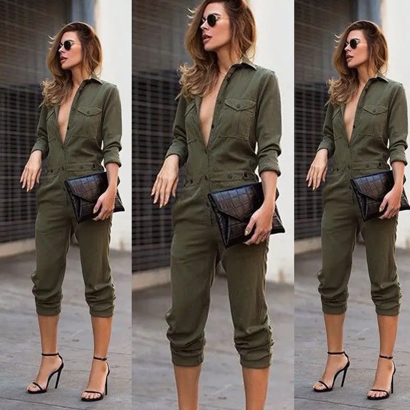 Hot Sale Ladies Sexy Vintage Romper Long Pants Women Slim Bodycon Jumpsuit Sleeve Army Green Solid Casual Cargo | Женская одежда