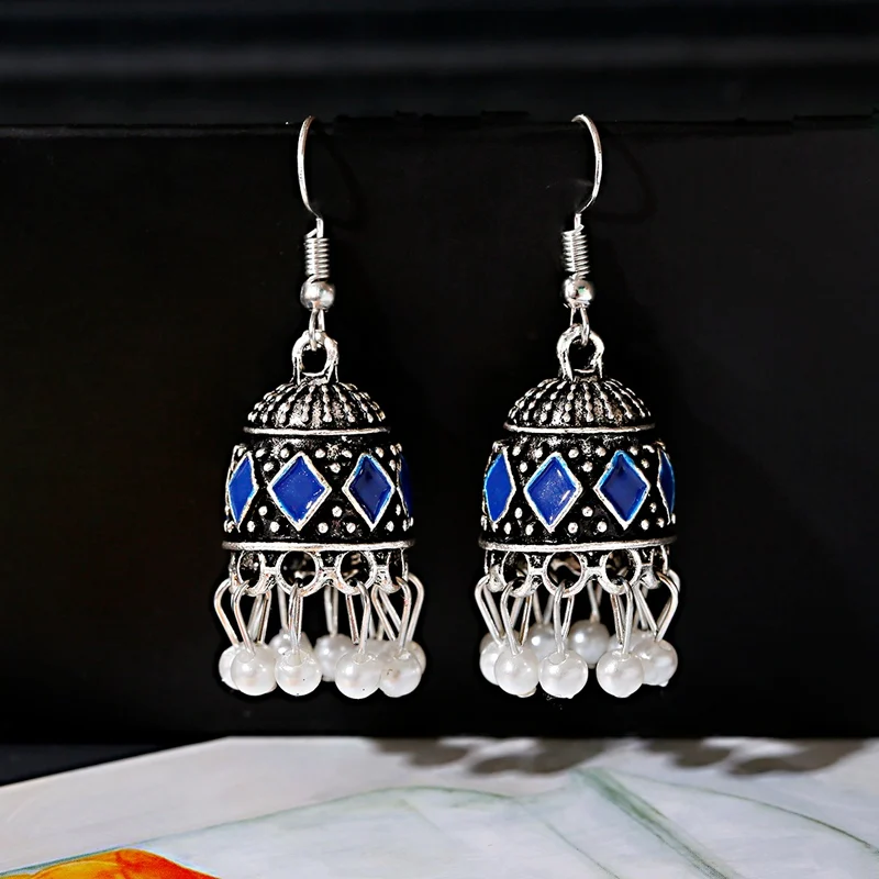 

Antique Gypsy Women Jewelry Boho Ethnic Pearl Tassel Indian Jhumka Earrings Blue Retro Sliver Color Drop Dangle Earring Bijoux