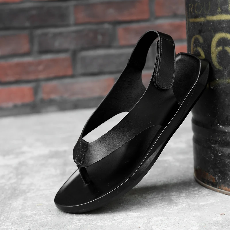 Шлепанцы мужские из натуральной кожи уличные тапочки удобная повседневная обувь