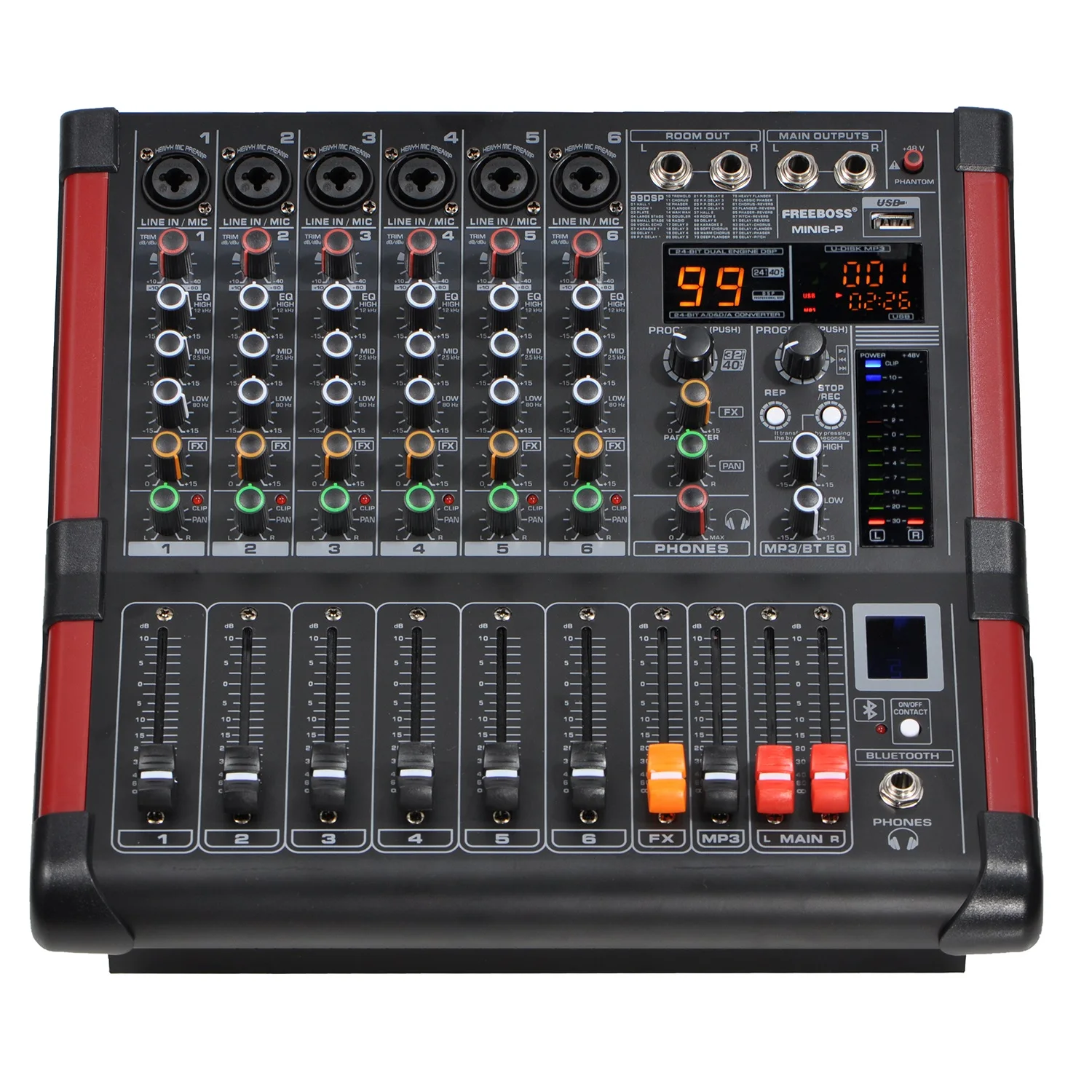 

Freeboss MINI6-P 6 Channels Power Mixing Console Amplifier Bluetooth Record 99 DSP effect 2x170W Professional USB Audio Mixer