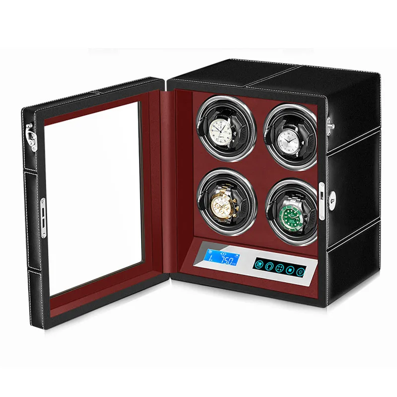 

4 часы, черный кожаный чехол для наручных часов из искусственной кожи, роскошный автоматический футляр для наручных часов с мотором Mabuchi, сен...