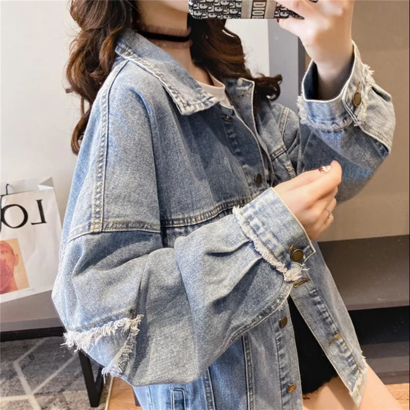 

Women Casual Loose Denim Jacket Ladies' New Style Net Celebrity Versatile Long-sleeved Ripped Blouse Hong Kong Taste Trend Coat