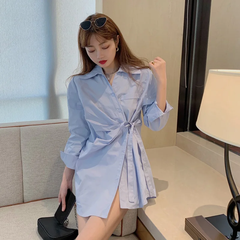 

Рубашка COIGARSAM, женские топы, осень 2021, Новые однотонные однобортные плиссированные синие женские рубашки с длинным рукавом и высокой талией