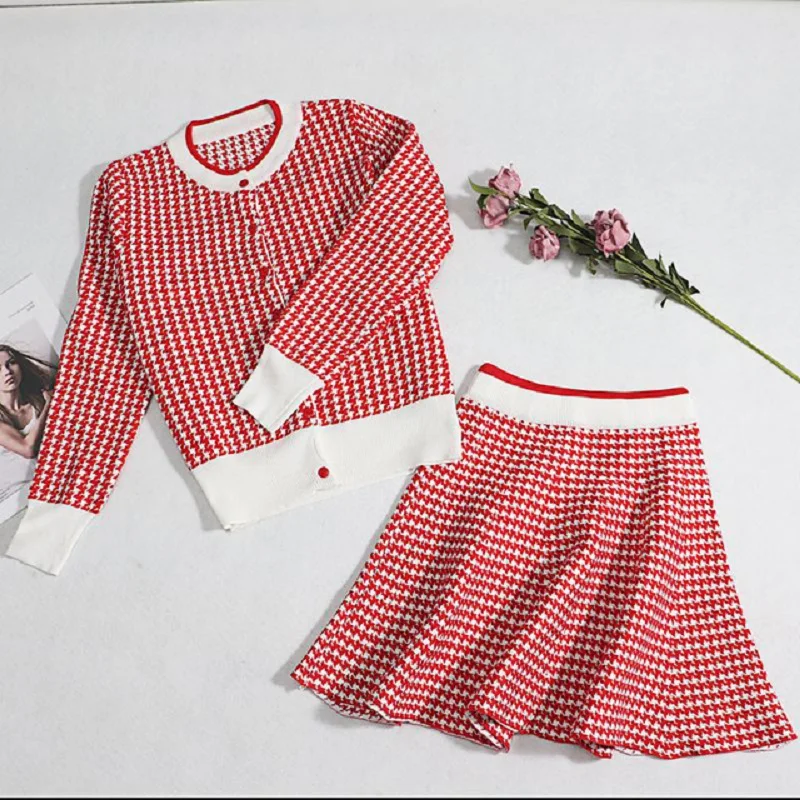 

Houndstooth Women Mini Skirt Tracksuits Korean Style Cute Sweet Ladies Pleated Skirt Sets + Knitted Cardigan Sweater Top