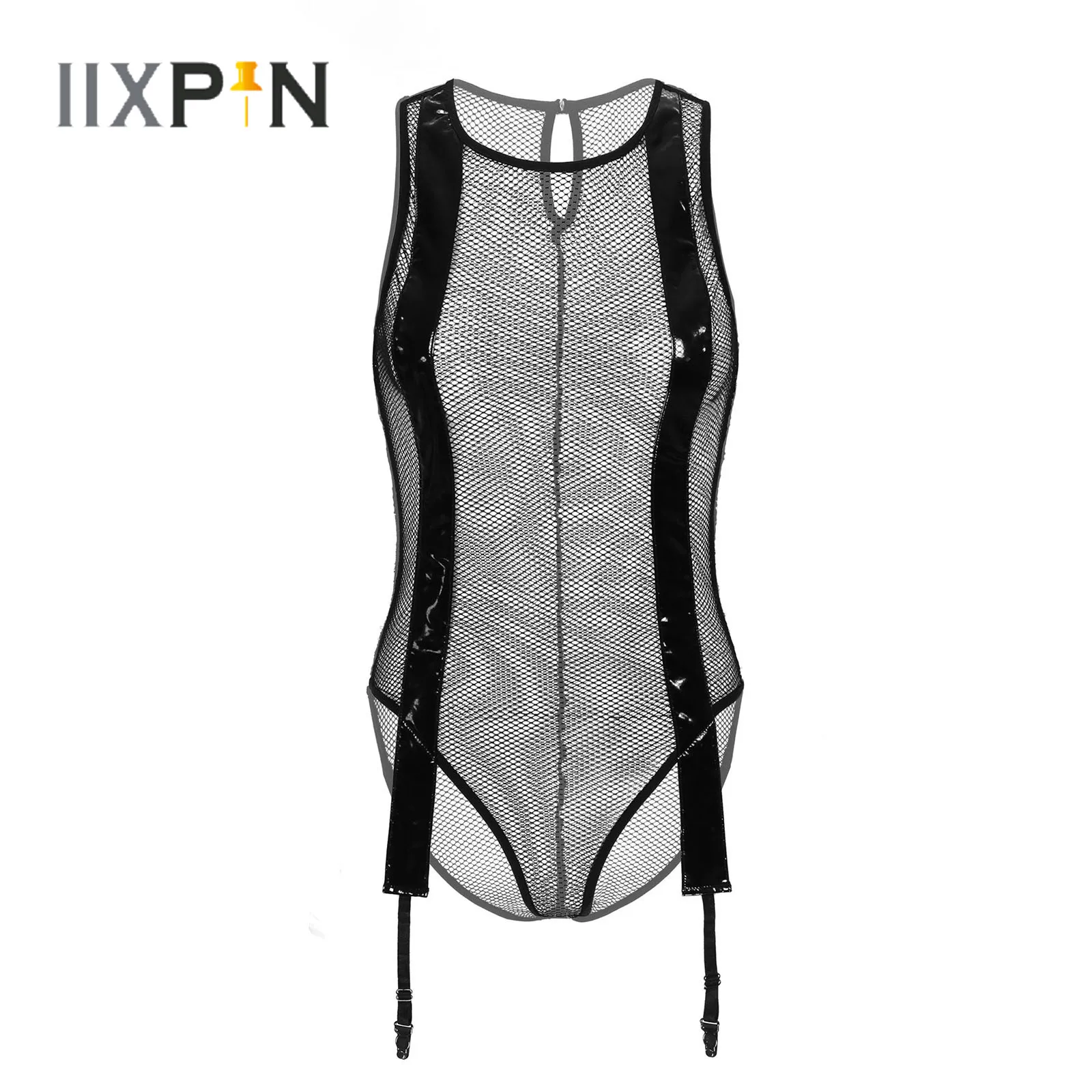 

Womens Lingerie Fishnet Bodysuit Round Neck Patent Leather Decor See-through Mesh Leotard with Garter Belt Nightclub Costume