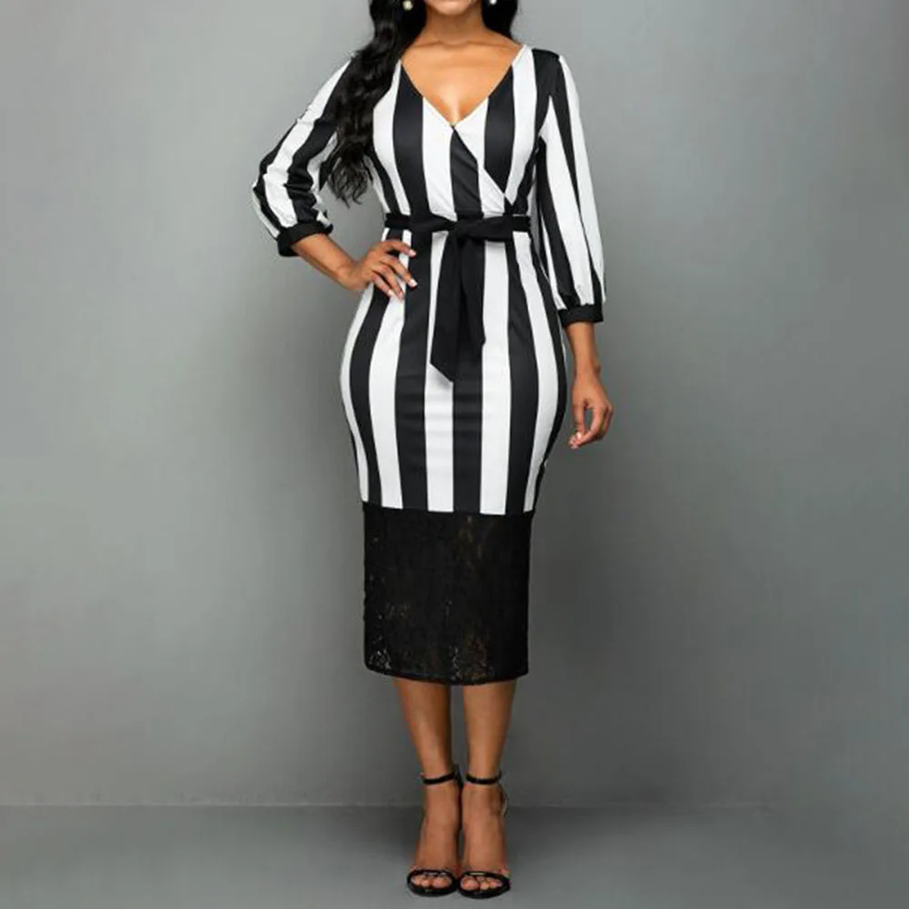 

Женское кружевное платье в полоску, элегантное платье с высокой талией и V-образным вырезом, осень 2021