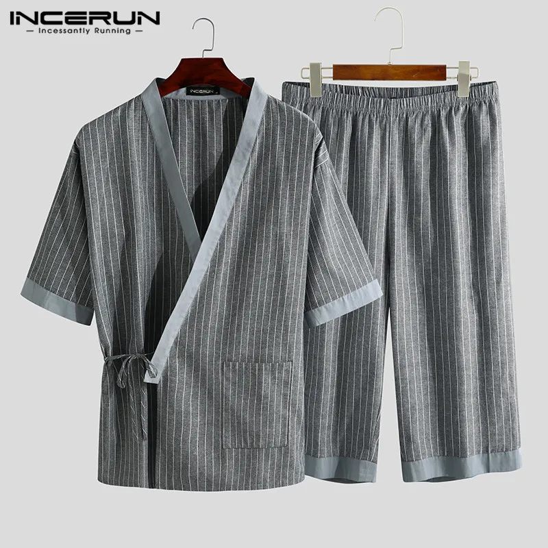 

INCERUN 2022 Striped Men Pajamas Sets Half Sleeve V Neck Sleepwear Japanese Kimono Leisure Homewear Shorts Retro Pyjamas Suit