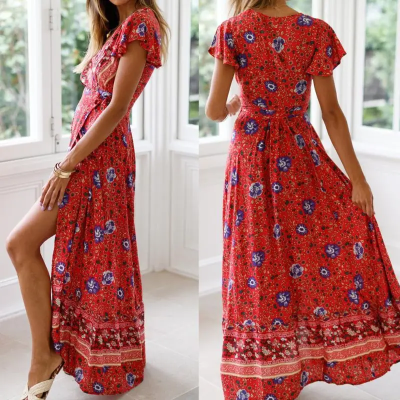 

Women Ladies Boho Floral Print V Neck Holiday Summer Beach Maxi Dress Sundress