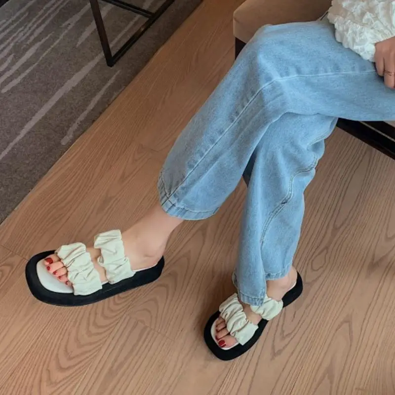 

KemeKiss Real Laether Slipper For Home Women Platform Shoes Solid Color Folds Casual Outdoor Beach Fashion Footwear Size 33-40